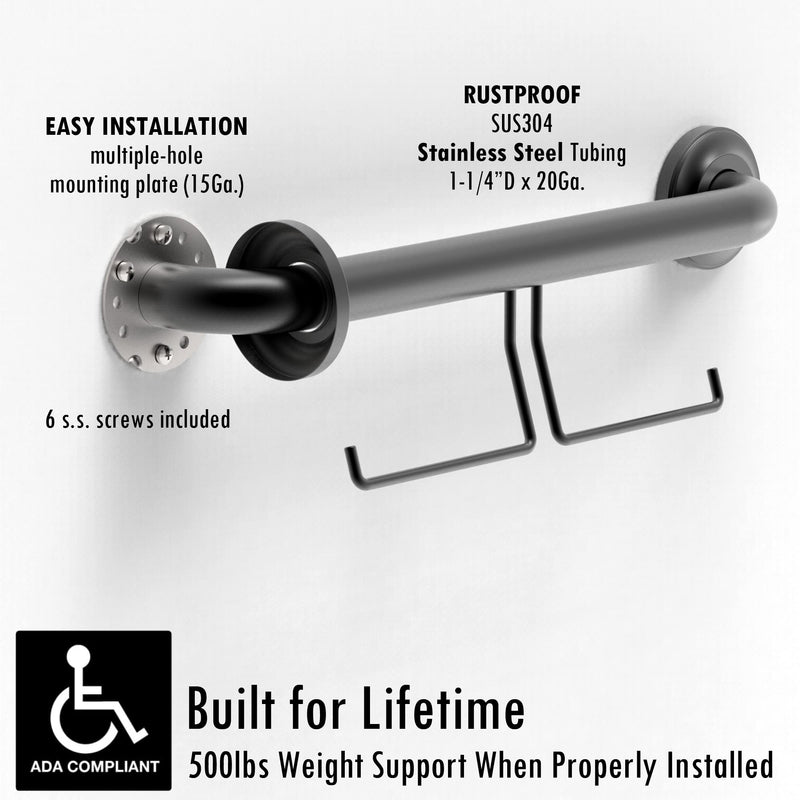 ADA Compliant Grab Bar with Toilet Paper Holder (2 Mega Rolls), 500lbs Weight Support, 1-1/4 x 16 inch for Stud Mount, Matte Black