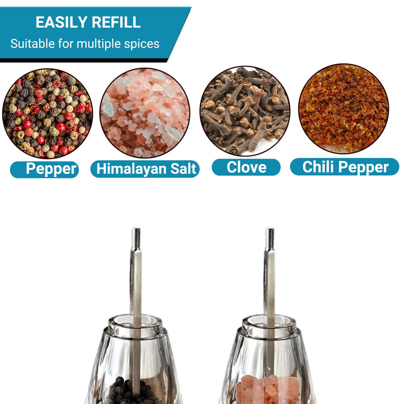 Salt and Pepper Grinder Set, Pepper Mills Classic Manual Transparent Acrylic Rotor, 2PCS 8IN Large Capacity Pepper & Salt Grinder Seasoning Bottle, Ceramic Core Adjustable Coarseness for Fresh Spices Acrylique transparent