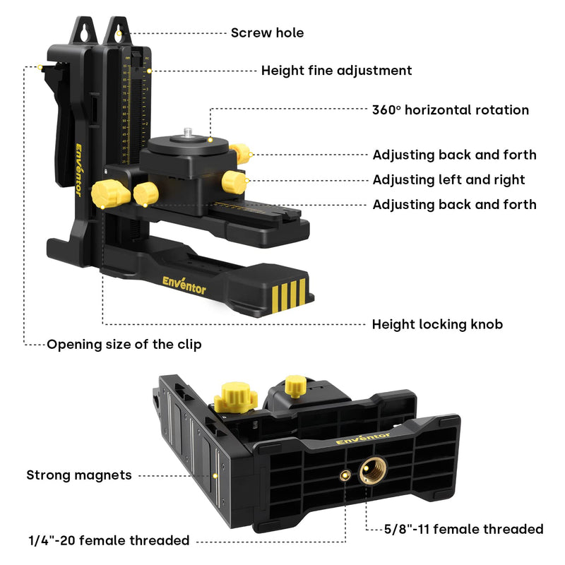 ENVENTOR Fine-tuning Bracket Laser Level Adapter, 1/4"-20 Male Threaded L-Shape Magnetic Pivoting Base with Adjustable Clip for Wall & Ceiling Mounted, 360° Adjustable Support, Height Adjustment Black