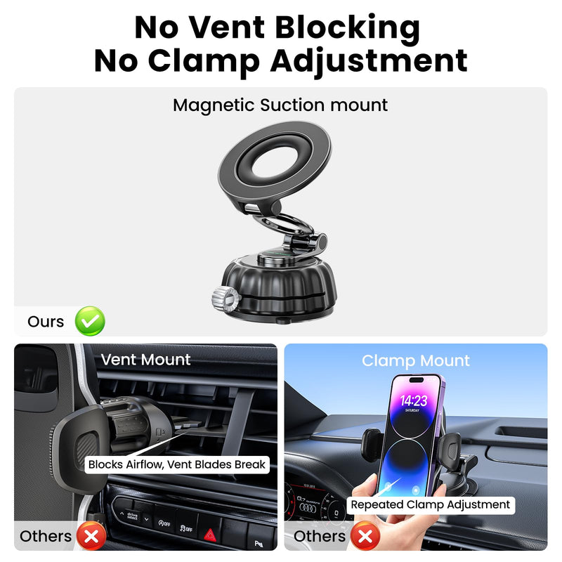 Strong Suction Cup Magnetic Car Phone Holder for iPhone & Android Phones, Shock-Resistant Phone Mount for Dashboard Windshield, 360° Rotation, Heavy-Duty, Foldable, Hands-Free, Ideal for Navigation Black