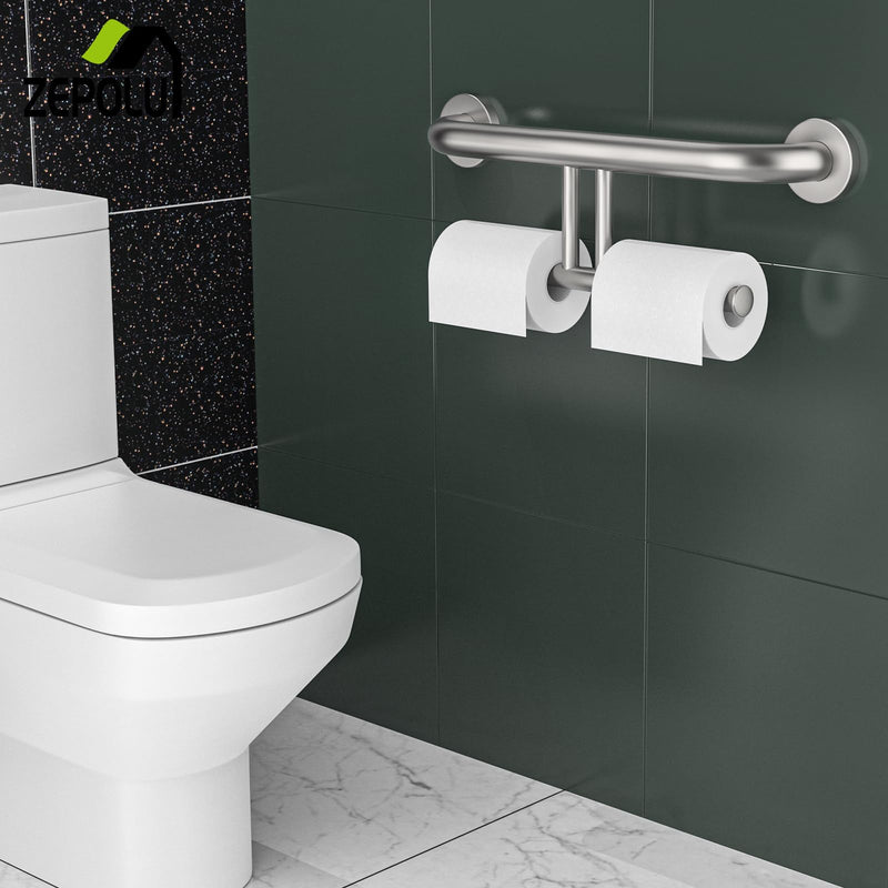 Brushed Nickel Handicap Grab Bar w/Toilet Paper Roll Holder, Zepolu 2-in-1 Safety Assist Bar Balanced Support Handle 17 Inch, Stainless Steel Wall Mounted Bathroom Toilet Grab Bar for Senior Elderly paper holder - brushed nickel