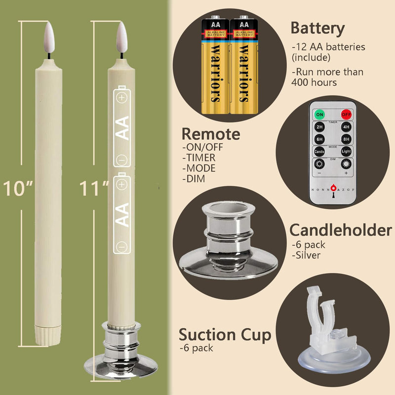 6 Pack LED Windows Candles with 12 AA Batteries(Include,Run More Than 400 Hours) + 6 Silver Removable Candlesticks + 6 Suction Cup,10'' Ivory Flameless Battery Taper Window Candle Light with Remote 6Pack/10''/Silver Candlestick