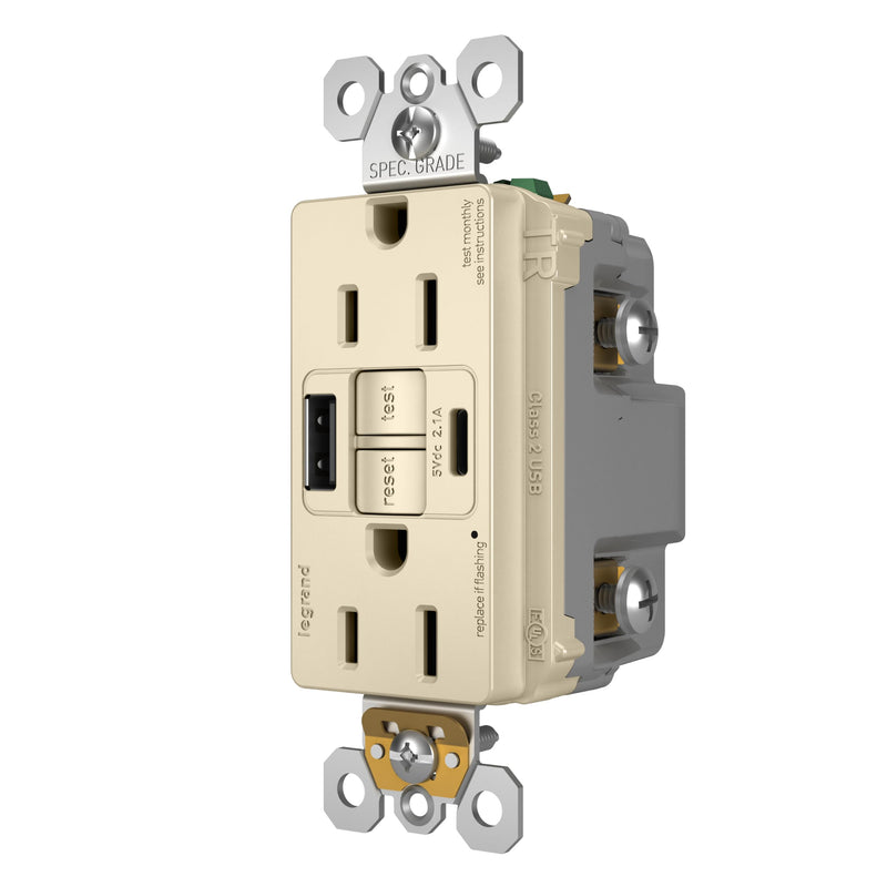 Legrand Pass & Seymour Radiant 15 Amp GFCI Wall Power Outlet with 2.0 Amp USB A/C Charger, Light Almond