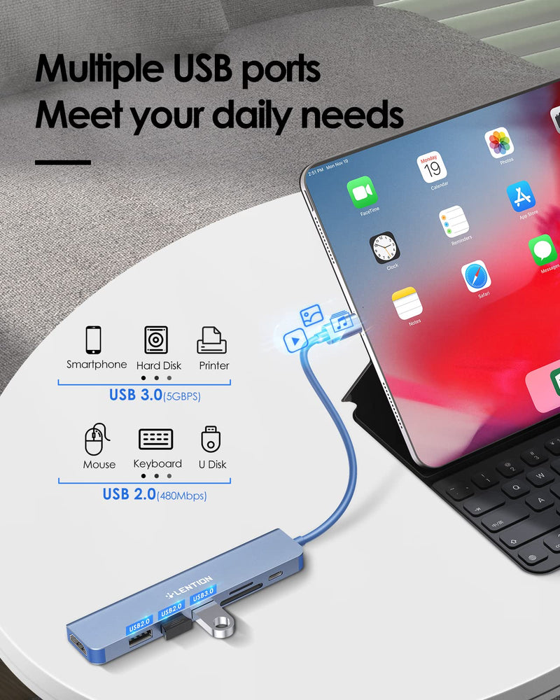 LENTION USB C Hub with 100W Charging, 4K HDMI, Dual Card Reader, USB 3.0 & 2.0 Compatible 2023-2016 MacBook Pro, New Mac Air/Surface, Chromebook, More, Stable Driver Adapter (CB-CE18,Blue) Blue