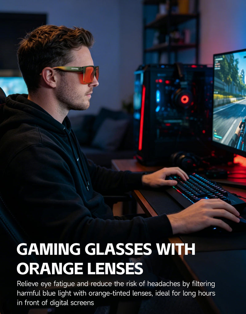DEAFRAIN Blue Light Blocking Glasses for Men Women for Screen Glasses | XL Size, Big Heads, Computer Gaming TV, Anti Eye Strain Matte Black/Grey Gaming-Orange