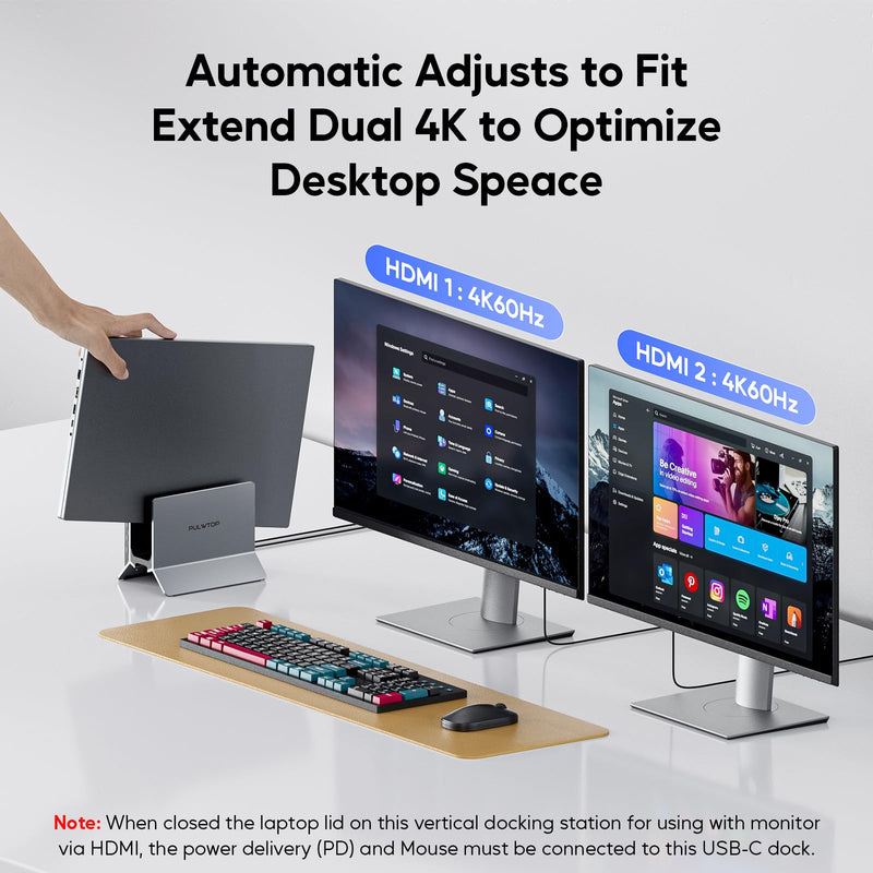 Laptop Docking Station Dual Monitor, 11 in 1 Vertical USB C Dock Stand with 2 HDMI 4K 60Hz, 3 USB A/C 10Gbps, 2 USBA 5Gbps, USB-A 2.0, Ethernet, PD 3.0 Docking Station for Type-C Laptops Grey