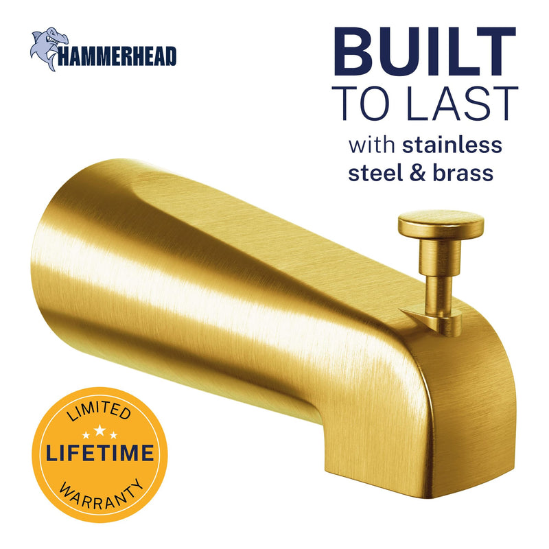 HammerHead Showers Solid Metal Tub Spout with Diverter, Slip On Bath Tub Spout for ½” Copper Pipe, Easy Install Bathtub Faucet, Brushed Gold