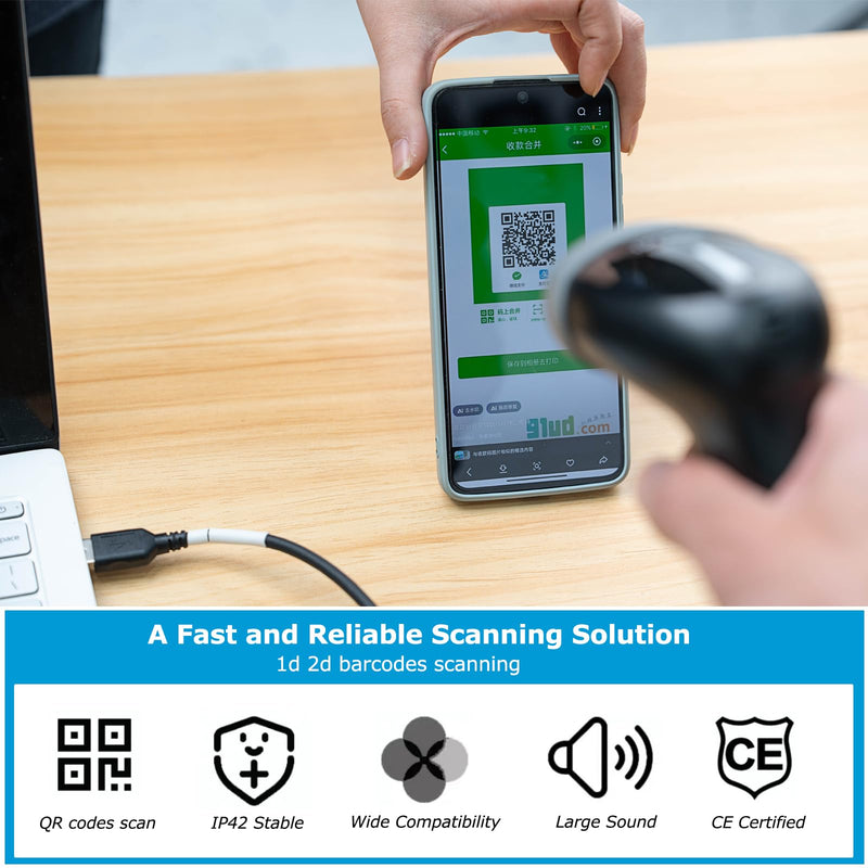 TEEMI 2D USB Barcode Scanner with Stand, 1D/QR Code Reader for Inventory, Handsfree Scanning Gun for Warehouse, Library, Supermarket – Supports Virtual COM Port Stand Included