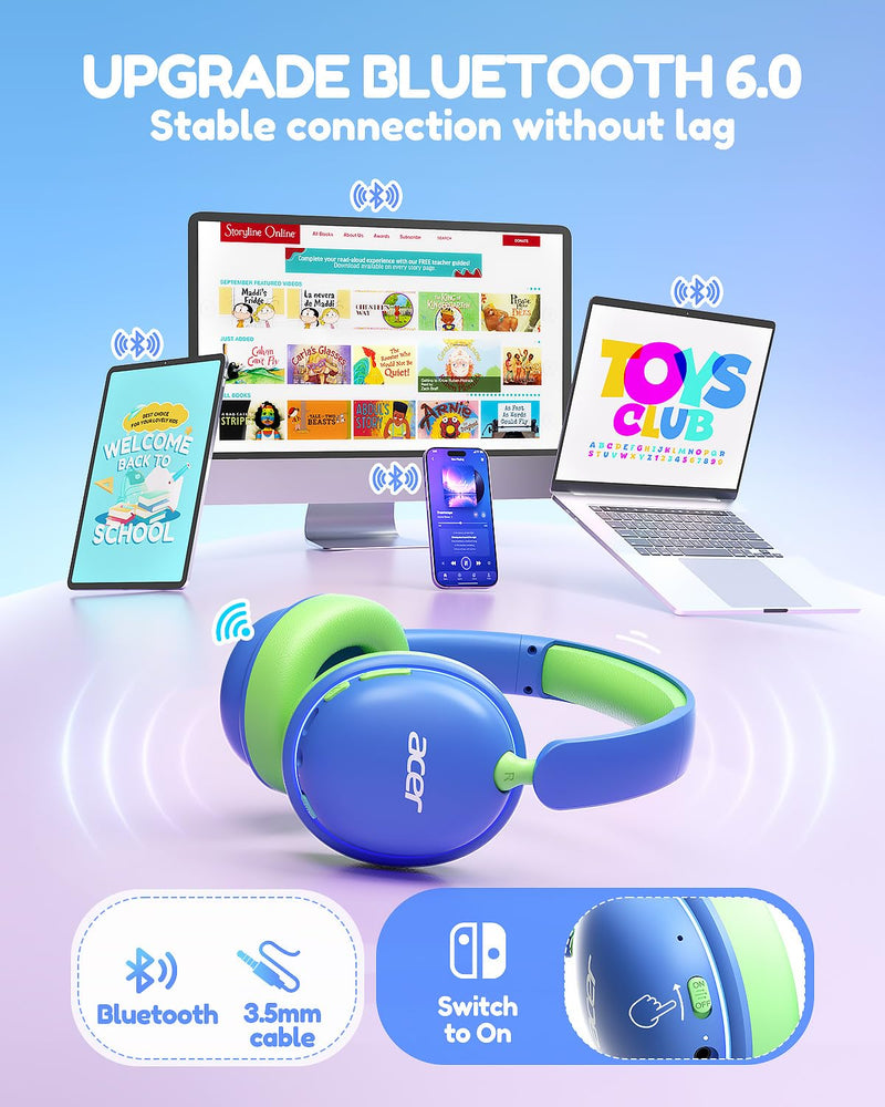 Acer OHR727 Kids Bluetooth Headphones Travel, Over‑Ear Comfort Design | 85dB Safe Volume, 110H Playtime with LED Lights, Bluetooth 6.0, Built-in Mic, for iPad Tablet Travel School Blue Green