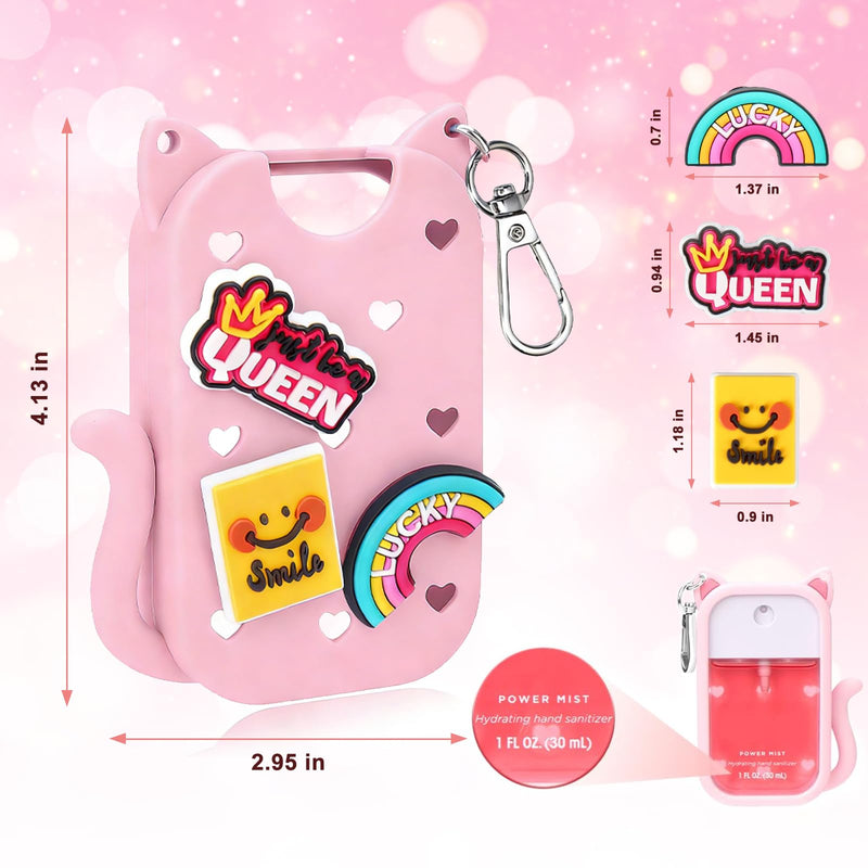 Cat Case for Touchland Hand Sanitizer Power & Glow Mist 1oz, Silicone Protective Sleeve with DIY Charms & Keychain, Portable Travel Holder for 30ml Spray Bottle（Pink）
