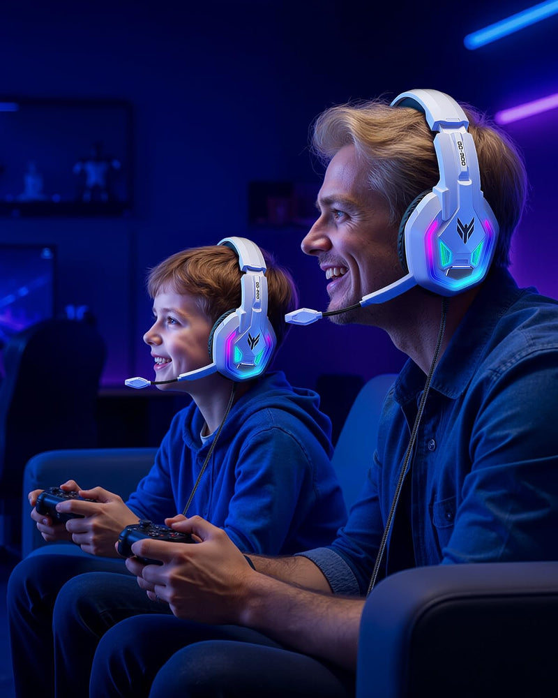 Gaming Headset for Xbox Series X|S Xbox One PS5 PS4 PC Switch Mac, Wired | 7.1 Surround Sound Over Ear Headphones, RGB Lighting, Flip Noise Canceling Mic, 50mm Drivers, Memory Foam Earcups White