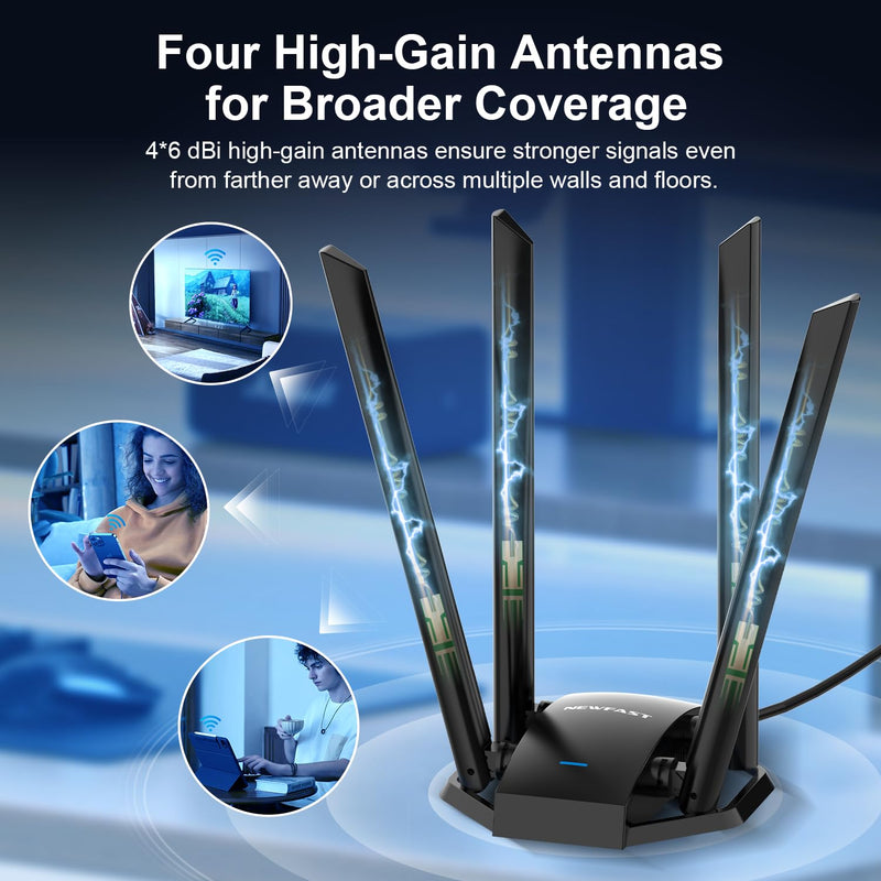 NEWFAST AC1300 USB WiFi Adapter for Desktop PC, Wireless Network Adapter | Dual Band USB 3.0 WiFi Adapter Long Range Support MU-MIMO, 4×High Gain Antenna, WiFi Dongle for Windows XP/7/8/8.1/10/11 Black
