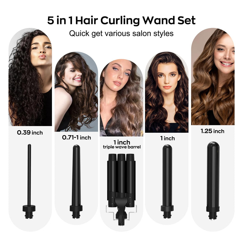 janelove Hair Curler 5 in 1 Curling Wand Set with 3 Barrel Hair Waver and 4 Interchangeable Ceramic Curling Iron 10-32mm for Long Medium Short Hair 5 in 1 - 180°C/210°C