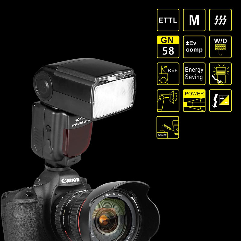VK750II TTL Flash Speedlite with LCD Screen for Canon DSLR Camera | Front and rear curtains Sync, Work with EOS 60D 70D 77D 80D Rebel T7i T6i T6s T6 T5i T5 T4i T3i and Other DSLR Cameras