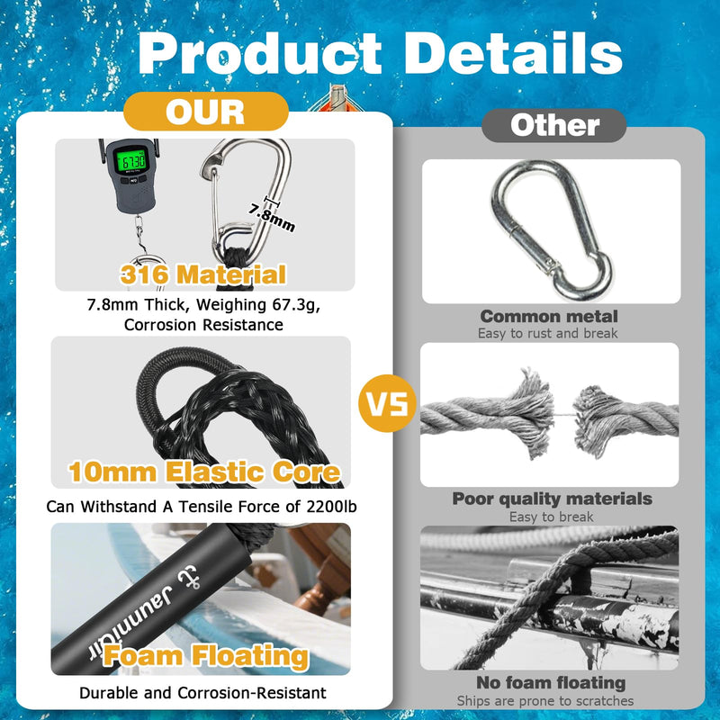 JaunniQir Bungee Dock Lines for Boats 4.3 Feet, 2 Pack Dock Lines with 316 Stainless Clips for PWC, Jet Ski, Kayak, Watercraft, Pontoon, Shock Absorbing Tie Off Downs Boat Mooring Ropes Accessories Black 4-5½ FEET 2 PACK