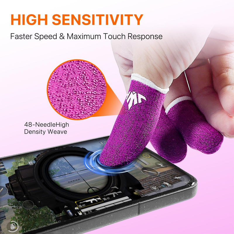 JWH 16 PCS Mobile Gaming Finger Sleeves for Dedales Gamer Profesionales Silver Fiber Thumb Sleeves with Pubg Controller Anti Slip Sweat Proof Finger Gloves with High Sensitivity Touchscreen for FPS 8XRose red+8XPurple+Box+Triggers