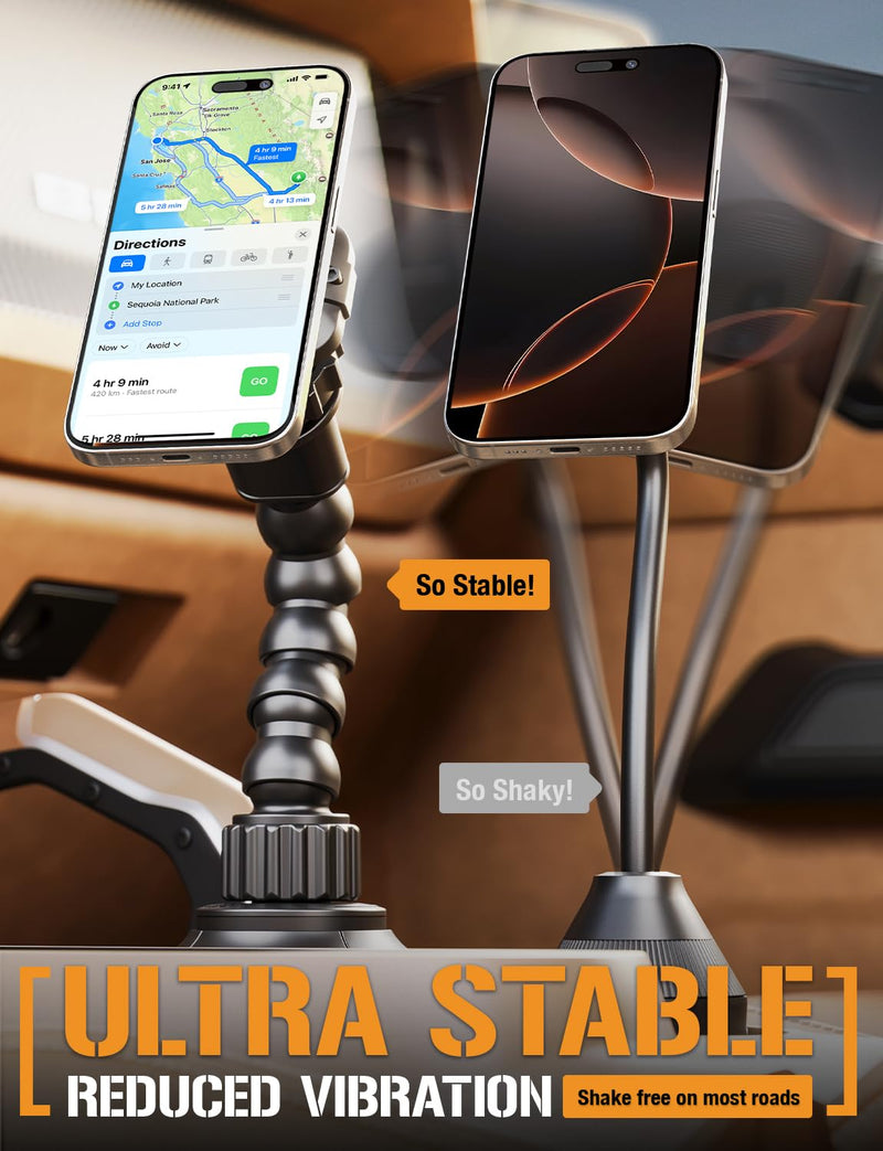 MagTough Python Cup Holder Phone Mount for Car, MagSafe, 360° | Magnetic car phone holder with a flexible arm and expandable base for iPhone and magnetic cases