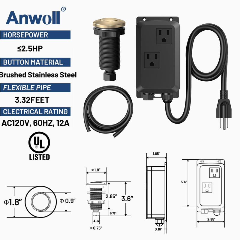 Garbage Disposal Air Switch Kit -Professional, Dual Outlet Sink Top Waste Disposer On/Off, Air Switch Button, UL Listed, Long/3.6“, Champagne Bronze Long/3.6"