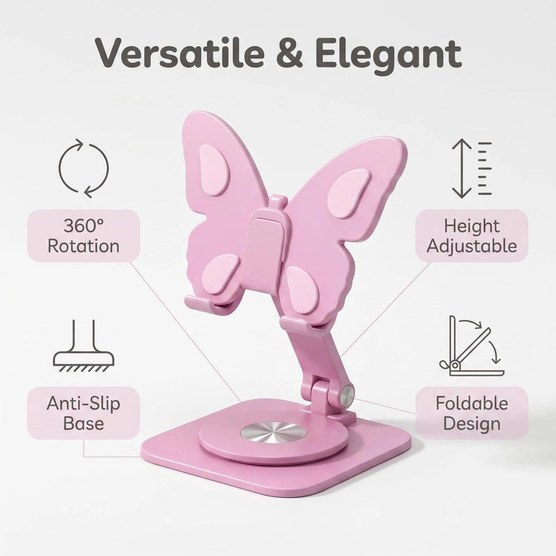 Butterfly Cell Phone Stand for Desk, Aluminum Alloy 360° Rotating Phone Holder, Height & Angle Adjustable Foldable Desktop Dock, Universal Anti-Slip for Smartphones Tablets Home Office Travel Pink