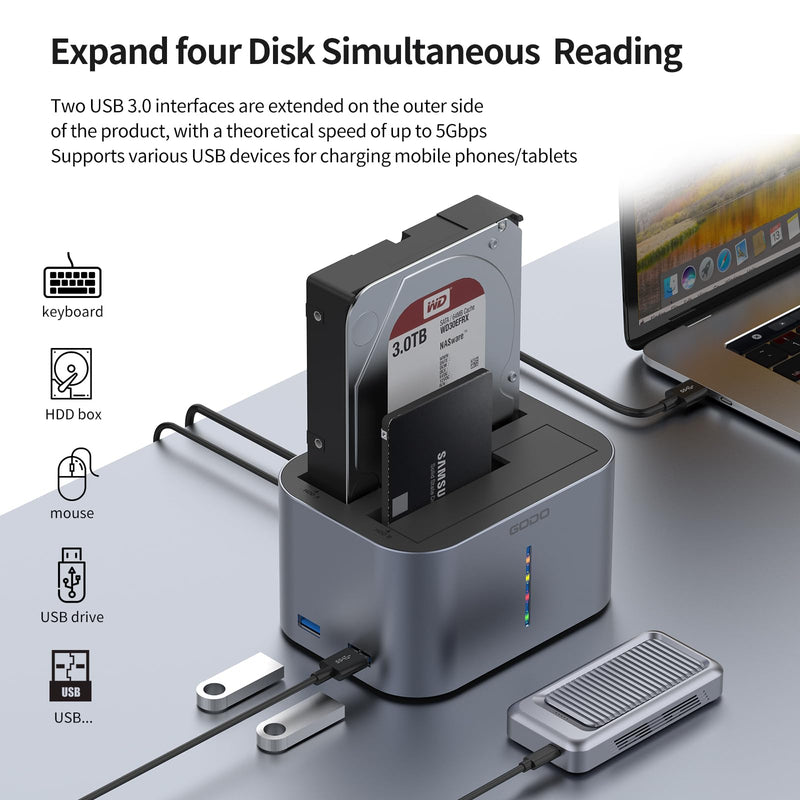 GODO Hard Drive Dock USB 3.0 to SATA I/II/III RGB Dual Bay Aluminum External Hard Drive Docking Station for 2.5 3.5 inch SATA HDD SSD Support UASP, 2x16TB + 2 USB3.0 Ports