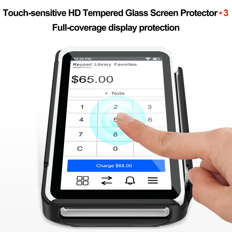 Kailfee Protective Case and Screen Protector*3 for Square Terminal Card Reader - Rubberized Hard Casing with Non-Slip Base and Tempered Glass (Black Black