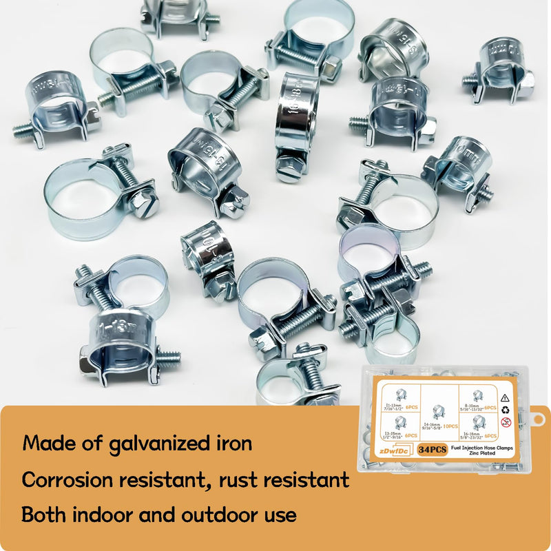 34PCS 8-18mm 5 Sizes Fuel Injection Line Hose Clamps Assortment Kit, 1/4" 5/16" 3/8" Fuel Line Hose Clamp for Automotive Diesel Petrol Pipe DD025