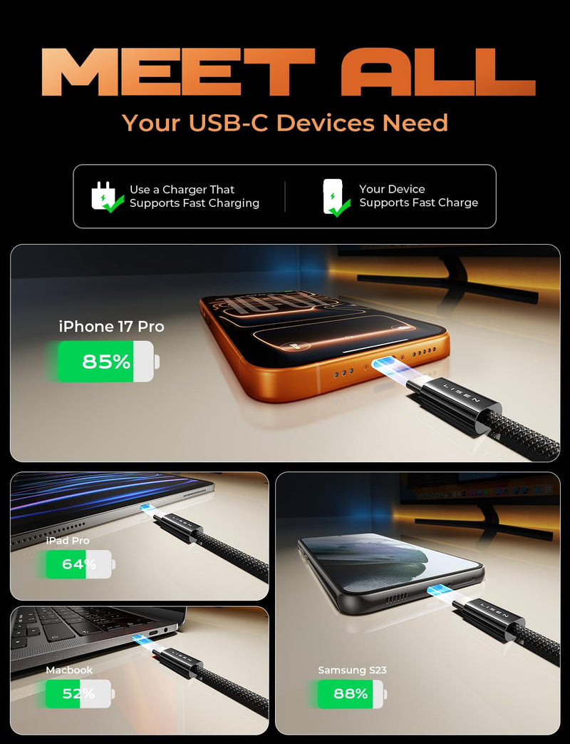 LISEN USB C Cable, 5-Pack [10FT] USBC to USBC Cable for iPhone 17 16e 15 Pro Max Charger Cord, 60W C to C Cable Fast Charging for Galaxy S25/S24/23, Switch 2, iPad, MacBook,Black 10+10+10+10+10FT Black