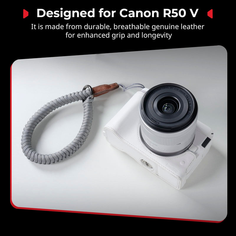 SmallRig Leather Half Case Kit for Canon R50 V with Half Genuine Leather Case and Woven Wrist Strap, Ergonomic Grip, Portable and Protecting (White) - 5431 White