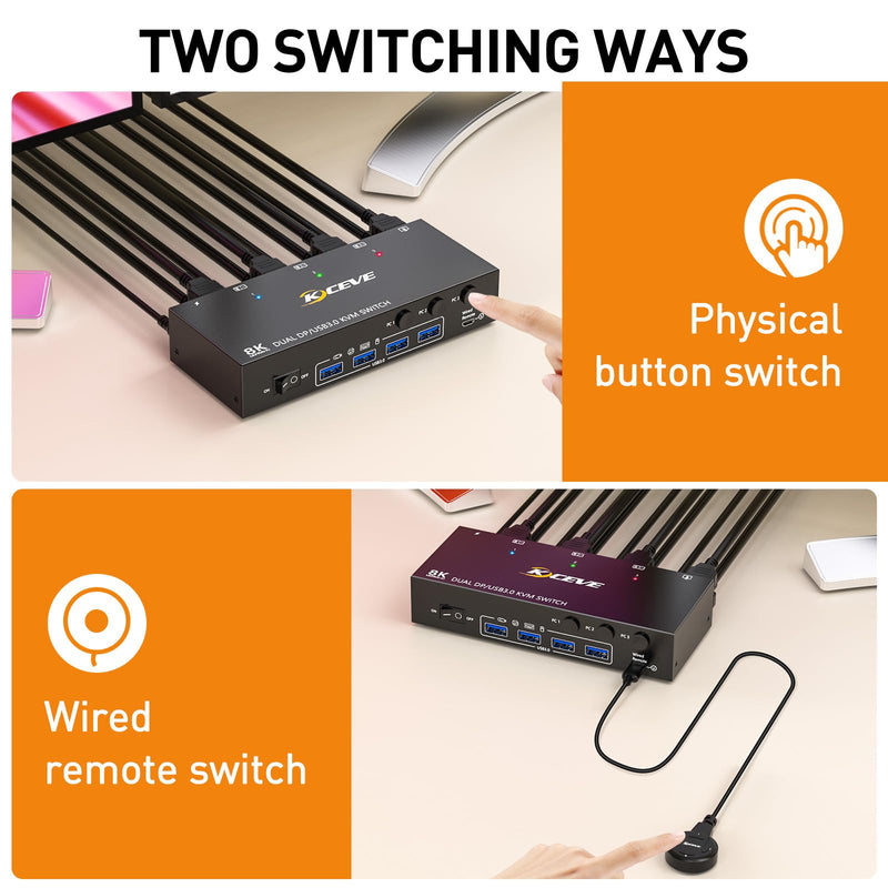 8K KVM Switch 2 Monitors 3 Computer, KCEVE Dual Monitors USB 3.0 Displayport KVM Switcher, Supports 8K@60Hz for 3 DP Port PC Share 2 DP Monitors, Keyboard and Mouse 3x2 KVM DP+DP+DP