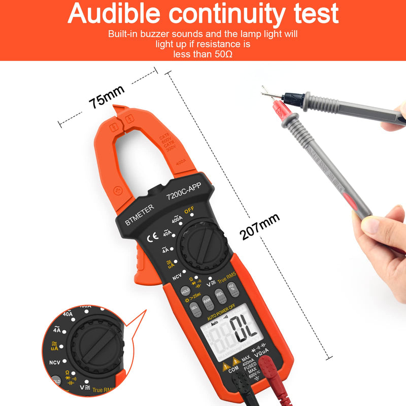 BTMETER Digital Clamp Meter Multimeter, Auto Range 4000 TRMS AC DC Voltmeter Ammeter Test Volt Amp Ohm Capacitance Frequency w/Data Export, Mini Multi Tester BT-7200CAPP 400A AC/4000uA DC Current + Bluetooth