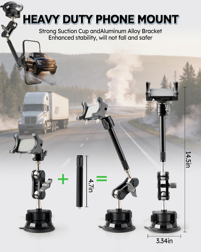 Semi Truck Phone Mount for Drivers, 360° Anti-Shake with Extension Rod | Class 8 Cab Suction Mount, Ultra-durable Metal, Fits Most Smartphones or Kenworth, Peterbilt, Freightliner Extended black