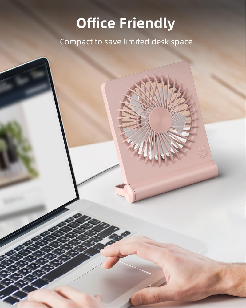 Koonie USB Fan, Strong Wind Ultra Quiet Small Desk Fan 220° Tilt Folding 3 Speeds Adjustable USB-C Powered Personal Fan for Home Office Desktop, Pink