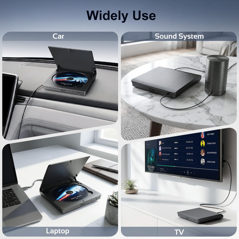 External CD Player for Car, USB/AUX Connection, Universal Compatibility | Portable, Anti-Skip, Shockproof, Vehicles, Resume, Steering-Wheel Remote, Compact Design, Hidden Cable, Plug & Play