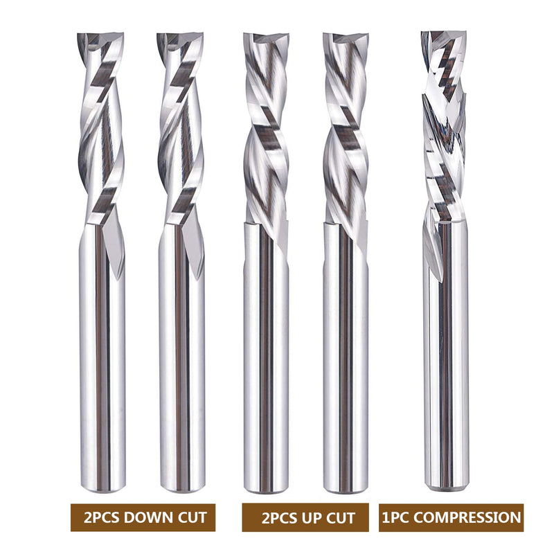 SpeTool 5PCS CNC Router Bits 1/4 Inch Shank with 1 Inch Cutting Length 2 Inch OVL,Spiral Upcut Downcut Compression Router Bit Solid Carbide End Mills for Woodwoking