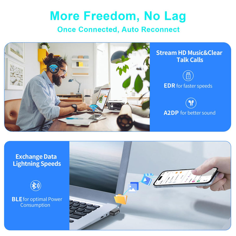 Mini USB Bluetooth 5.4 Adapter for Laptop PC, Wireless Transmitter Dongle for Desktop Windows 11 10 8.1 7, Plug n Play Bluetooth Headphones Speaker Mouse Keyboard Printer Controller