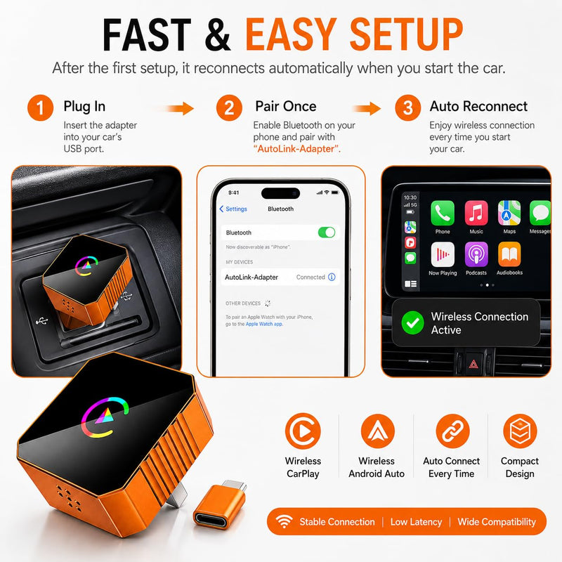 2026 Wireless CarPlay & Android Auto Adapter, 2-in-1, Dual-Band WiFi Fast auto-Connect, Vented Cooling and Plug-and-Play Setup for Vehicles with Factory-Wired CarPlay or Android Auto.Orange | Fast auto-connect, vented cooling and plug-and-play setup fo...