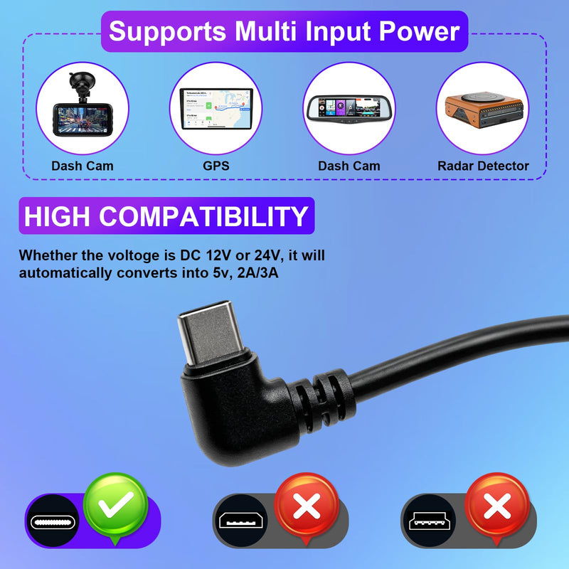 Dash Cam Hardwire Kit, OBD to USB-C Port, 12V-24V to 5V 3A | Plug and Play Adapter with LED Display,Low Volt Protection,Acc Driver Detection Cable for Parking & Continuous Recording