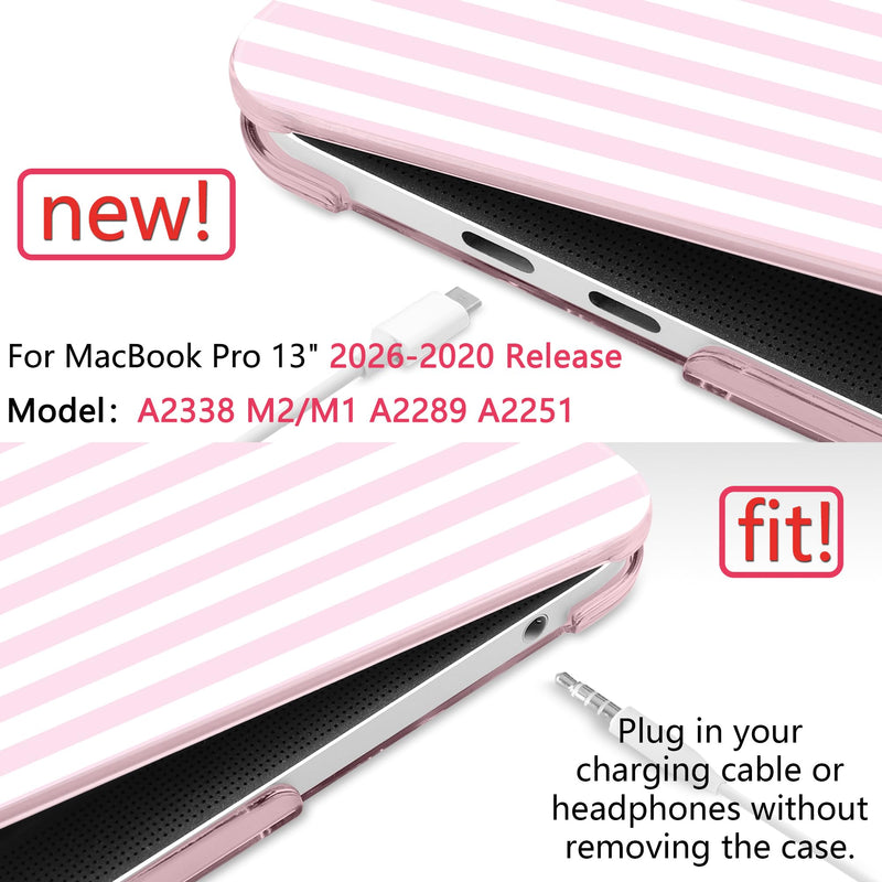 Case for MacBook Pro 13 Inch (2026-2020 Models A2338 M2 M1/A2251/A2289), Pink & White Stripes Hard Shell Case with Keyboard Protector, Compatible with Retina Display and Touch Bar