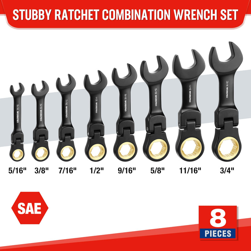 WORKPRO 8-Piece Stubby Anti-slip Ratcheting Combination Wrench Set, SAE 5/16-3/4 in, 72-Teeth, CRV, Black Electrophoretic Coating, Flex-Head Wrench Set with Rolling Pouch Black electroplating coating