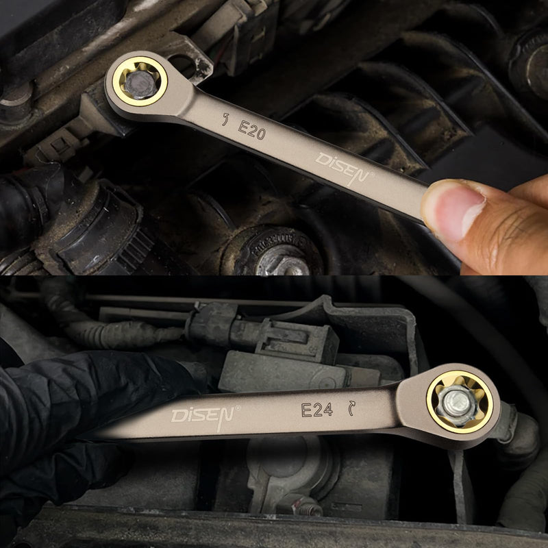 DISEN Upgraded 4-Piece E-Torx Double Box Ratcheting Wrench Set, 72-Tooth Black Nickel Plated, Dual Head E6E8/E10E12/E14E18/E20E24 with Storage Pouch