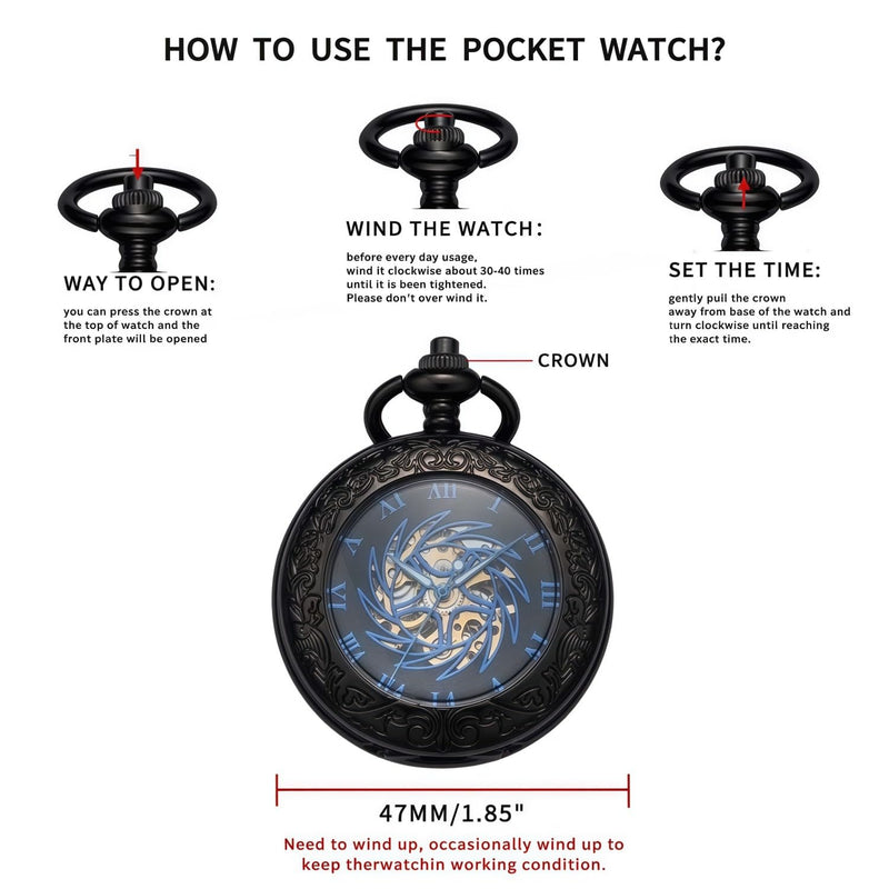 Mechanical Pocket Watch, for Men Women Special Magnifier Half Hunter Engraved Case Roman Numerals with Chain Bc. Sun-God-Bird, Black Blue