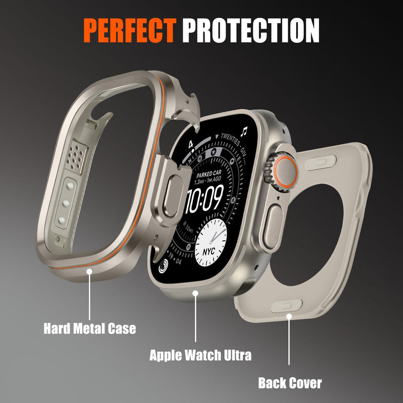 Metal Rugged Case Compatible with Apple Watch Ultra 3/2/1 49mm, Metal Protective Bumper Cover Case + Back Cover for iWatch Ultra 49mm, Titanium/Orange Apple Watch Ultra 3 2 1 49mm
