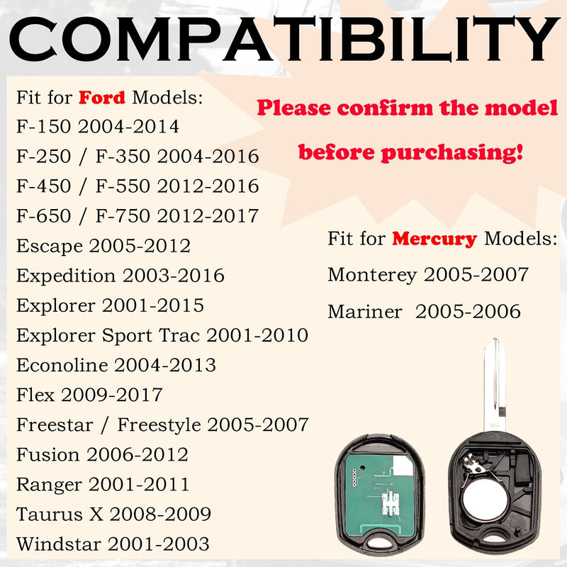 Keyless Entry Remote Control Key Fob Replacement Fits for 2004-2014 Ford F-150 F150 2004-2016 F-250 F250 F-350 F350 Super Duty Edge Explorer Escape Fusion Ranger Monterey Mariner CWTWB1U793