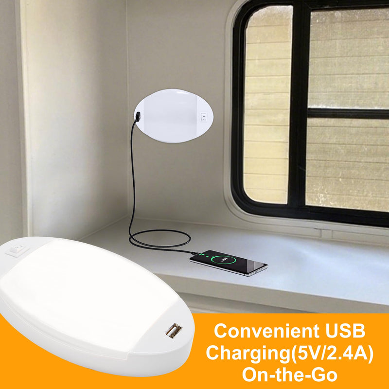 Facon 12V RV Interior Lights with Fast USB Charger (5V/2.4A) – Oval Pancake LED Ceiling Light Fixture with Switch, 12Volt Lighting for RV, Camper, Boat, Tiny Homes with Switch and USB Charger Socket