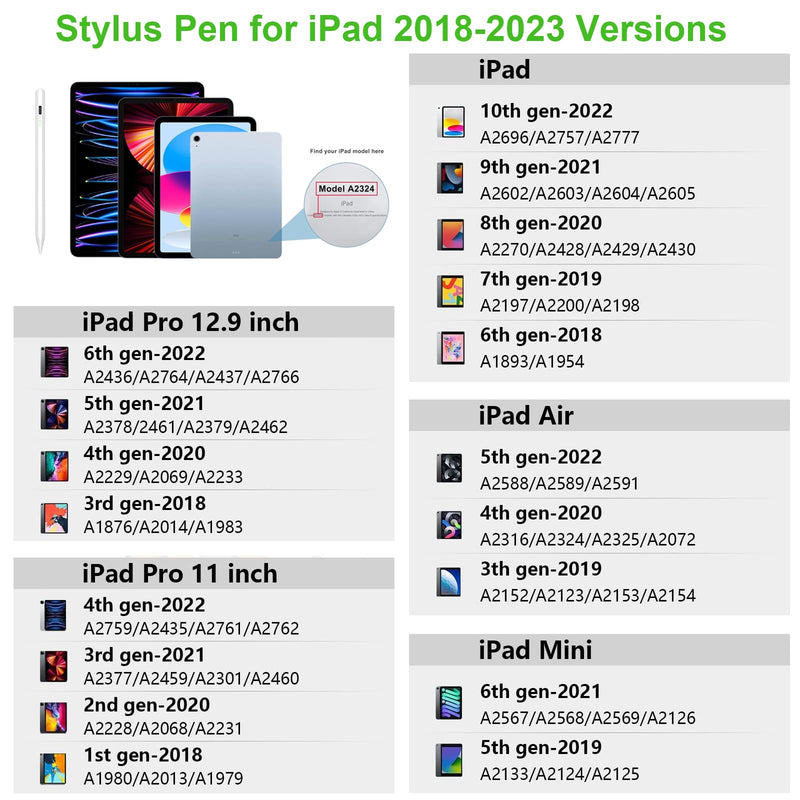 Stylus Pen for iPad 2018-2023 with Palm Rejection, Magnetic Stylus Pen, Active Pencil for iPad 10/9/8/7/6 Generation, iPad Pro 11/12.9 inch, iPad Air 5/4/3 Gen, iPad Mini 6/5 Gen (White) White