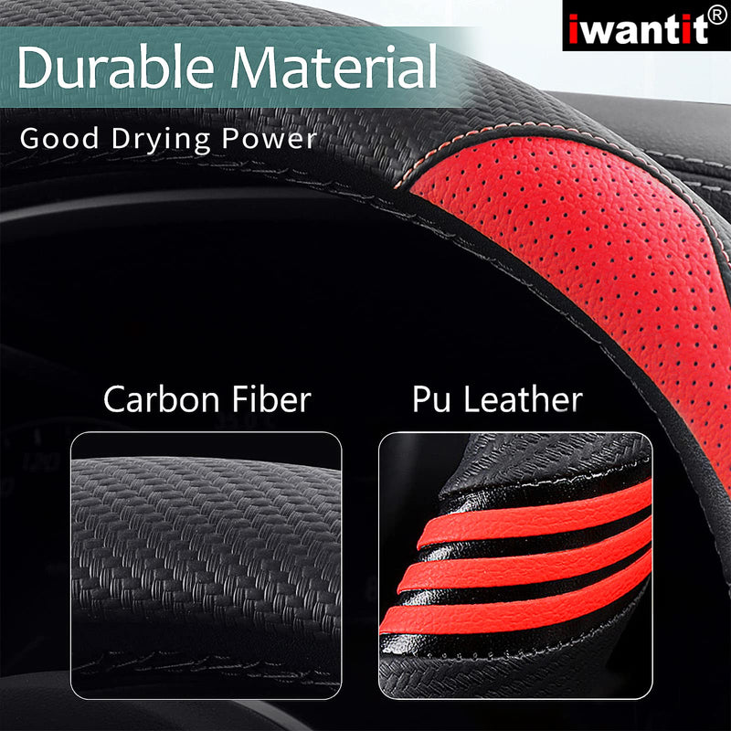 Iwantit® Premium Grip Steering Wheel Cover with Anti-Slip Rubber Ring, Made of Carbon Fiber & Breathable PU Leather, Universal Fit for 14.5-15 Inch Car and SUV (Passion Red) 003-Passion Red