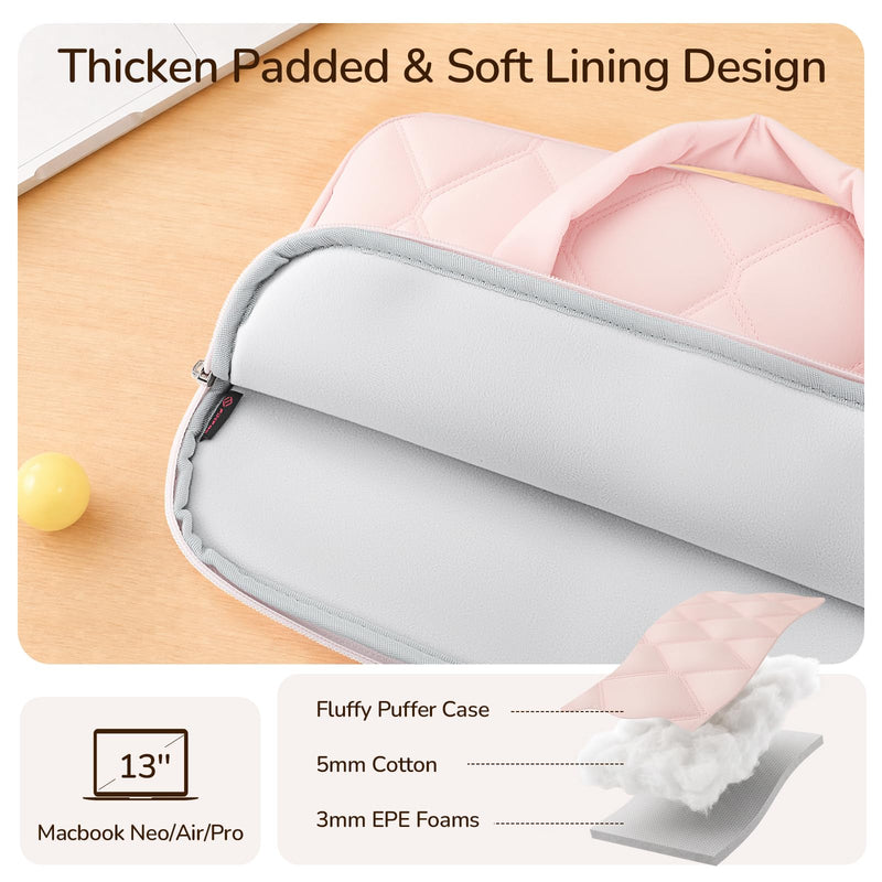Fintie Sleeve Case for MacBook Neo A18 Pro, Air 13 Inch, Pro 13/14 Inch | Quilted Diamond Puffer Laptop Carrying Case with Luggage Strap, Pocket, Soft Handles, Blush Pink