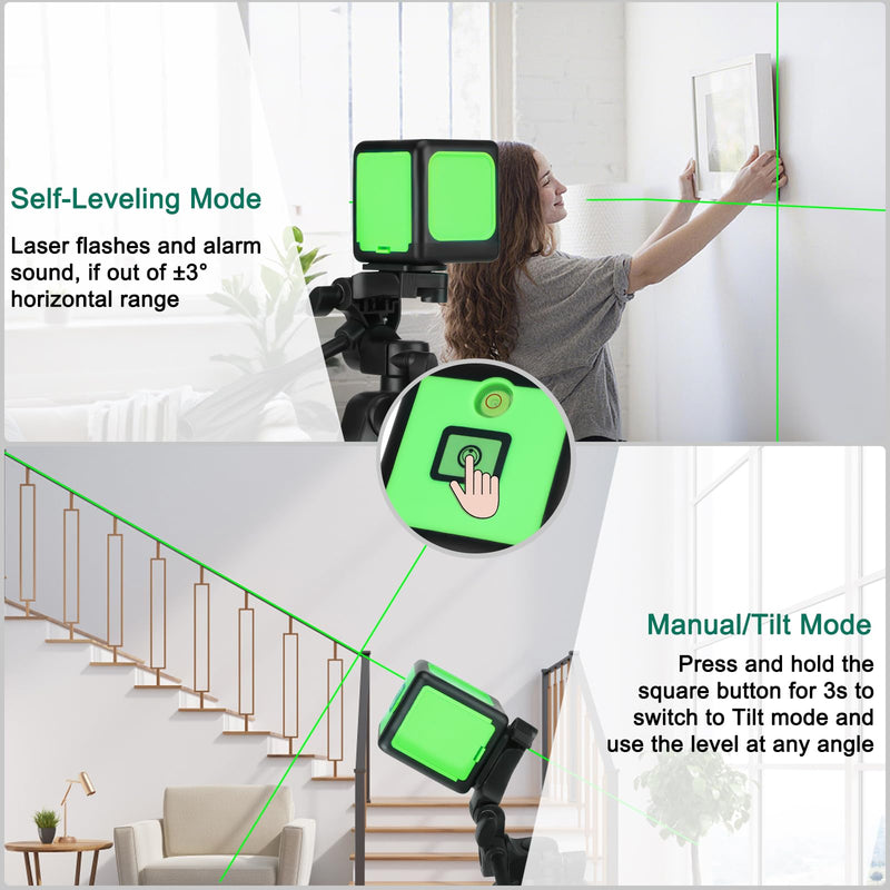 100Ft Self-Leveling Laser Level, 4 Brightness Adjustment, Manual/Self-Leveling Mode, Cross Line Laser Level for Picture Hanging, Tiling, DIY & Construction, Magnetic Bracket + Battery Included