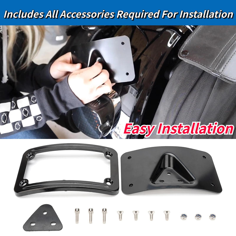 3148 Curved Laydown License Plate Mount with Frame Compatible with Harley Davidson 3 Hole Mount (Black) Black