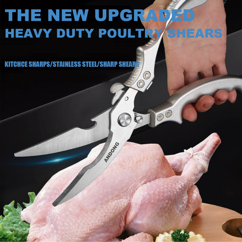 ANDONG Heavy Duty Professional Poultry Shears -Stainless Steel Kitchen & Meat Scissors with Leather Sheath, Dishwasher Safe Spring Loaded Utility Shears for Cooking, Butchering, Cutting Plus Silver